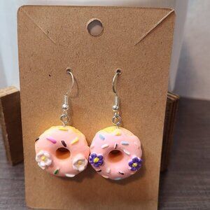 Handmade Donut Earrings Pink Flower Dangle Drop Fun Foodie Cute Earrings NEW